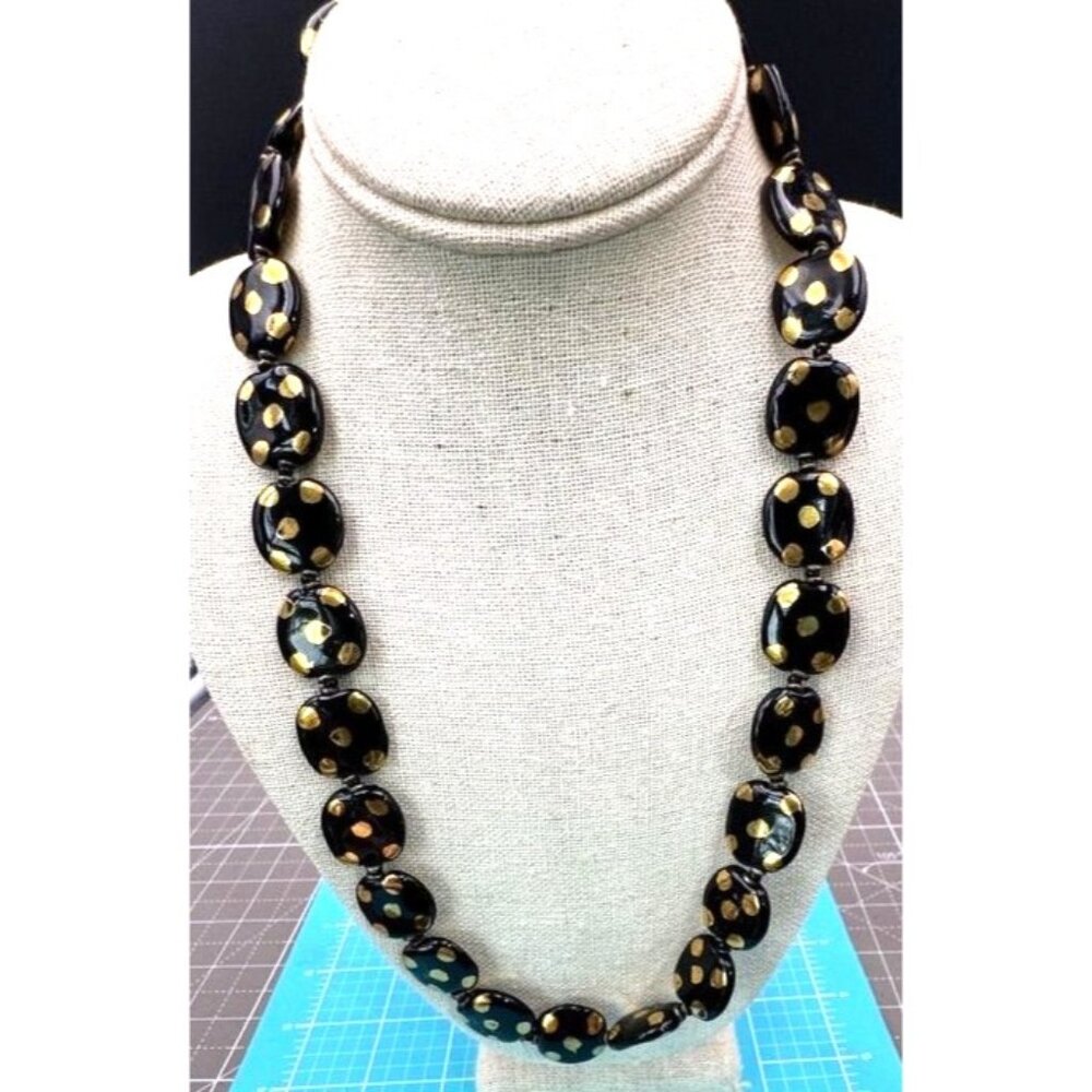 Vintage Unique Square Metal Bead Necklace Black Enamel Gold Gilt Polk a Dots
